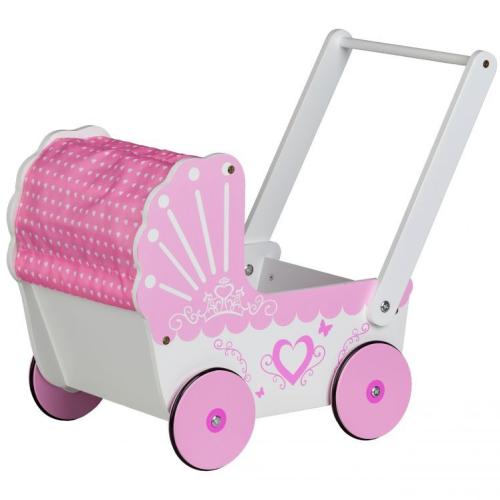 EcoToys Dřevěný kočárek pro panenky, růžová/bílá, TT003